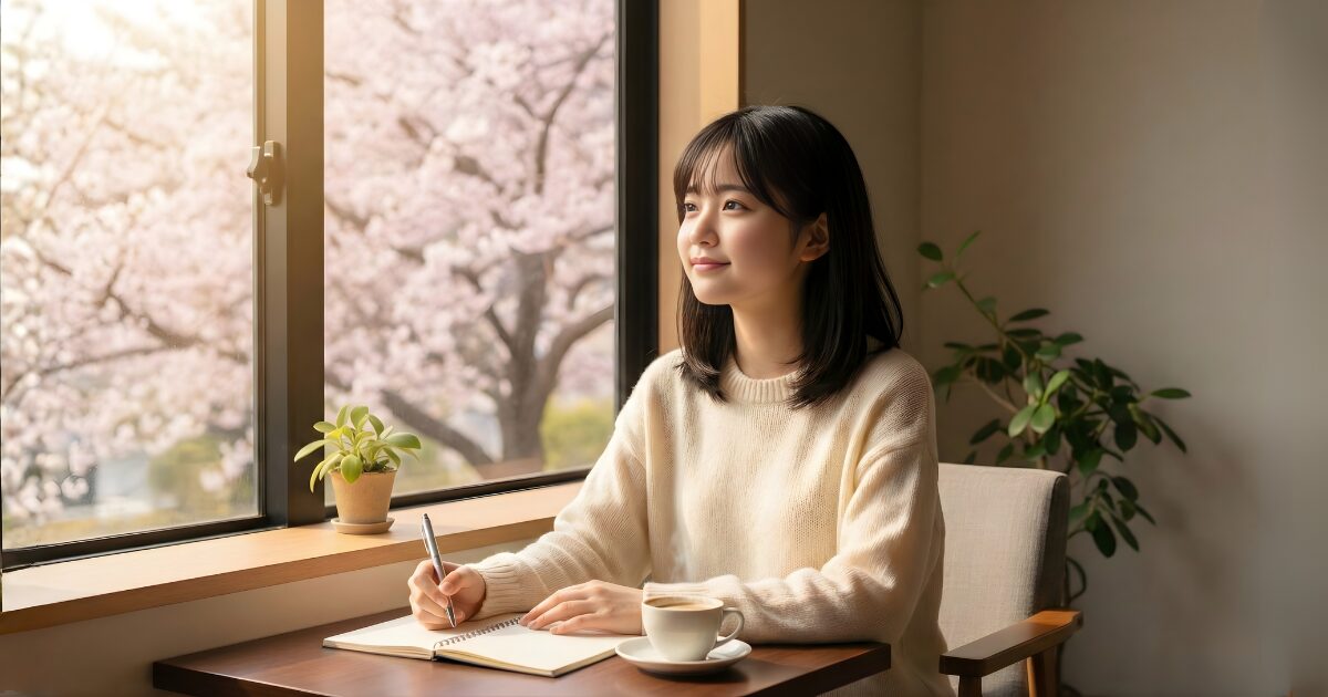 桜花ライフアカデミーの参加者がカフェで内省している様子