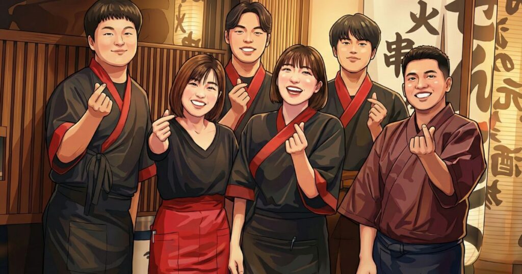 石井が経営する居酒屋で働く若いスタッフたちが笑顔でポーズをとっている