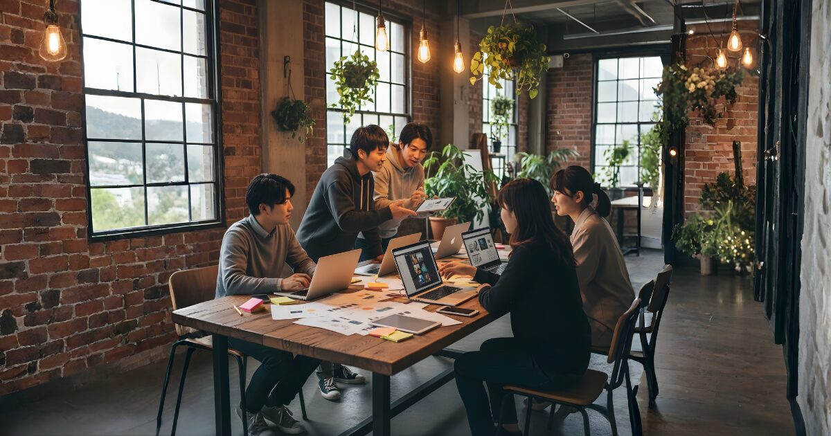 桜花ライフアカデミーでチームがPCを囲んでワークショップをしている様子