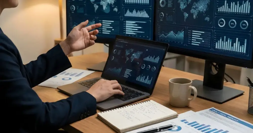 AI活用とWebマーケティングの現場感を伝える作業デスクのイメージ（モニターと資料）