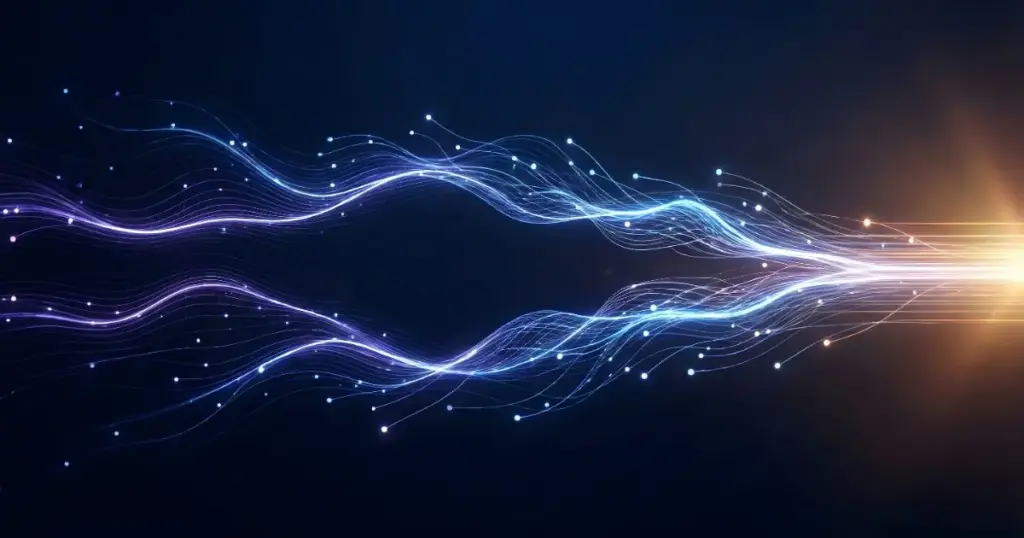 AIの変化が加速していく様子を、発光するデータの波で表現した抽象ビジュアル