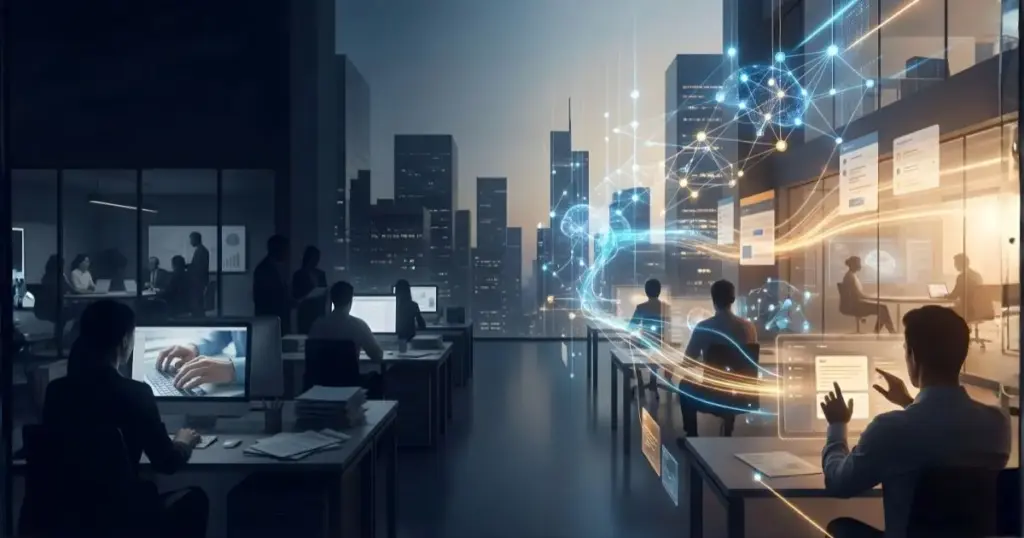 オフィス業務がAIの自動化に置き換わっていく未来を表現したイメージ画像