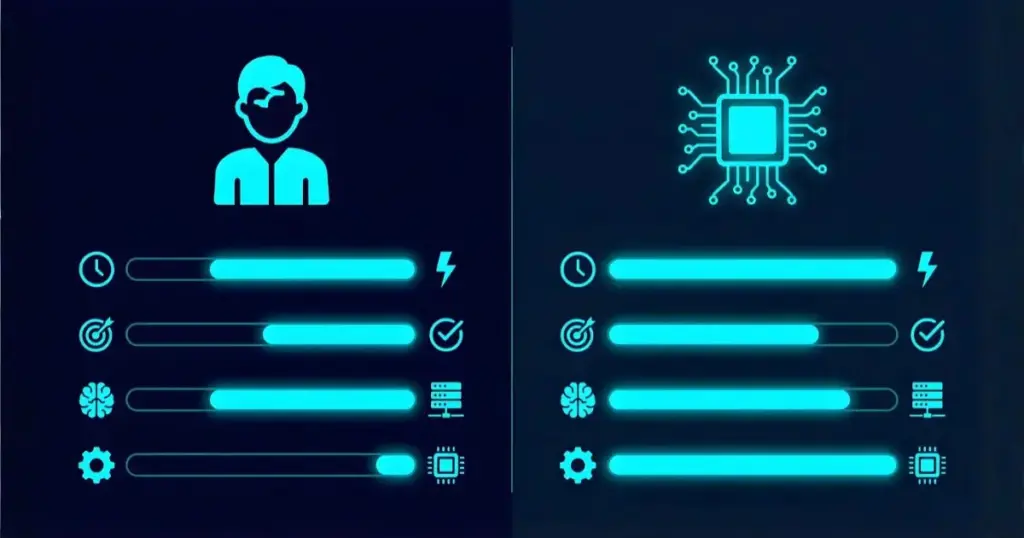 スピードや正確性などの観点で、人間とAIの差を分かりやすく示した比較図解