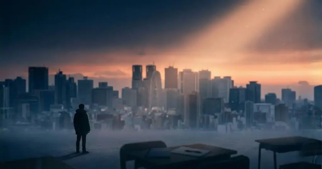 上京後にフリースクール設立へ挑む中で、絶体絶命から一筋の光を見出す物語をイメージしたアイキャッチ画像（東京の夜明けと希望の光）