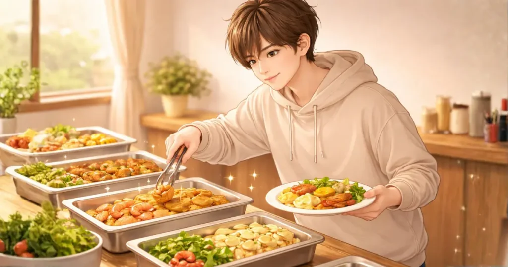 ビュッフェで様々な料理を試す様子(実験のメタファー)