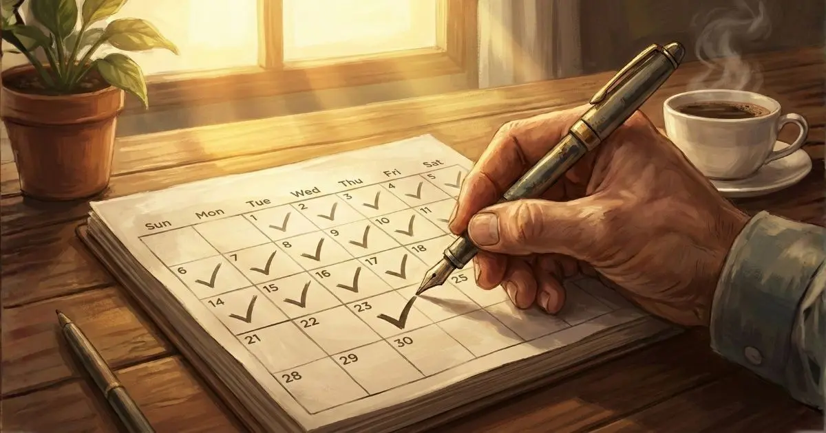 カレンダーにチェックマークをつけている手元。習慣化と継続を表現したイメージ