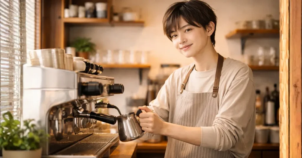 カフェで働く若者の様子