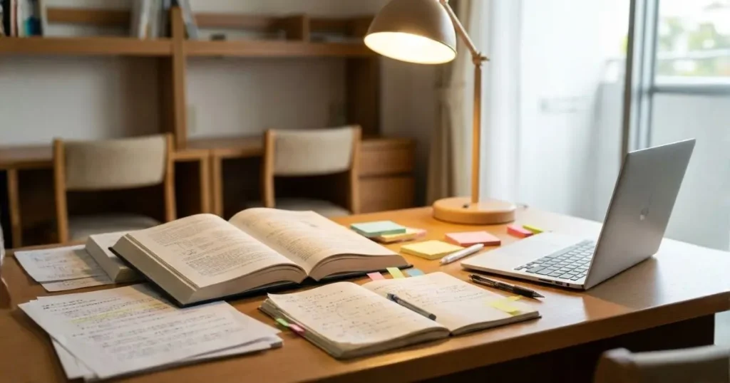 日本の大学の学習机をイメージした、開いた本と研究資料、ノートPC、デスクランプがある落ち着いた作業風景
