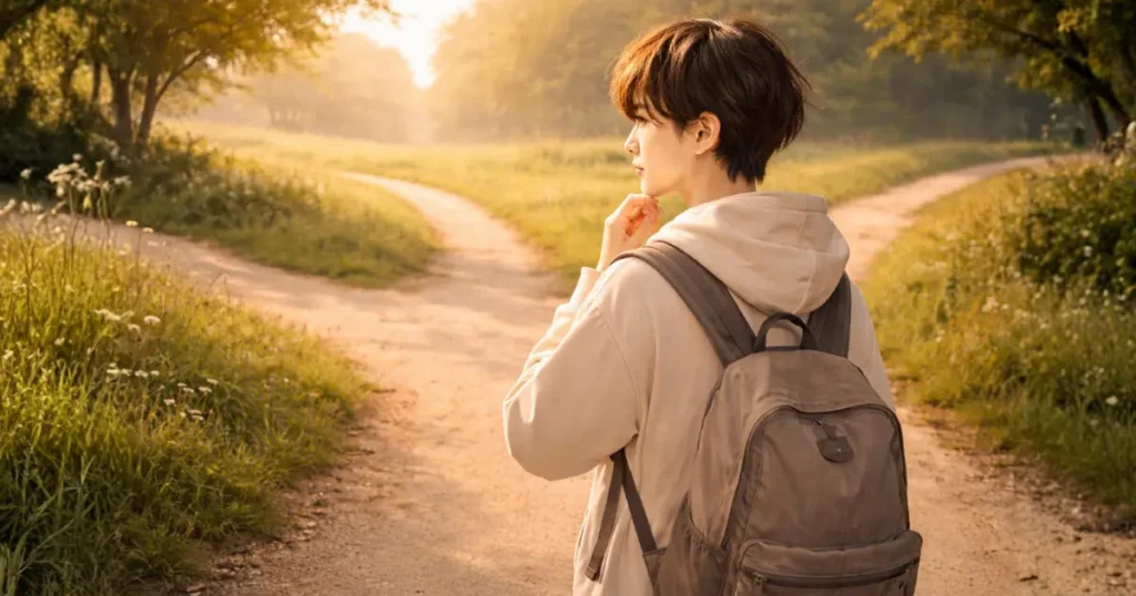 分岐点に立って進む道を考えている若者