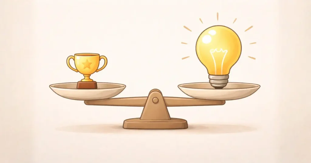 経験よりも考え方が重要であることを示す天秤のイラスト