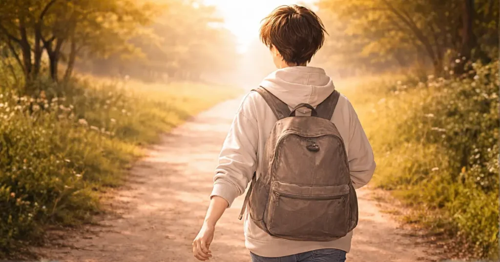 希望を持って一歩を踏み出す若者の後ろ姿