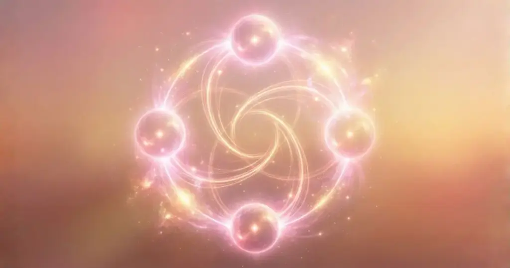 4つの光る球体が中央で繋がり調和している。自己肯定を支える4つの軸を表現