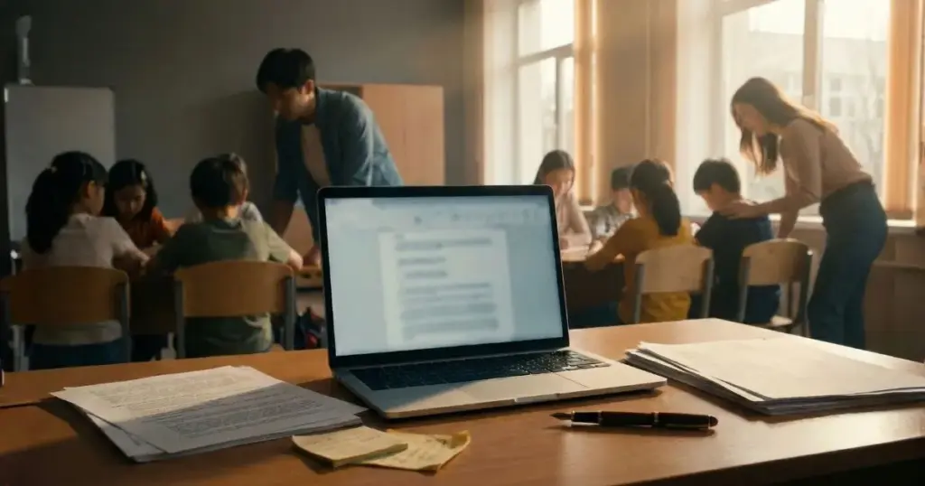 教え子が同僚となって子どもたちを支えるチームの力と「決して諦めない」姿勢を表現した教室のイメージ画像