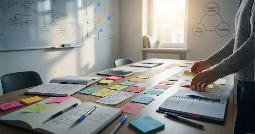 フリースクール運営の試行錯誤から道筋を見出す過程を表現した、教室の机上（ノートや付せん）のイメージ画像