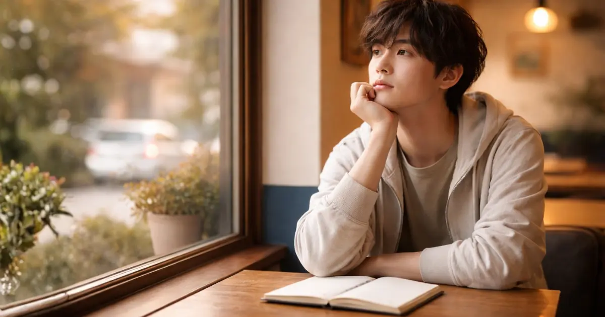 窓辺で将来について考え込む若者のイメージ
