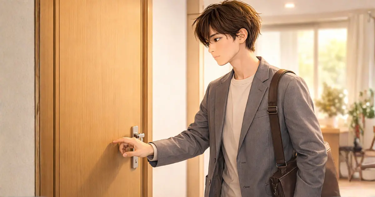 ドアの前で踏み出すことをためらう若手社会人