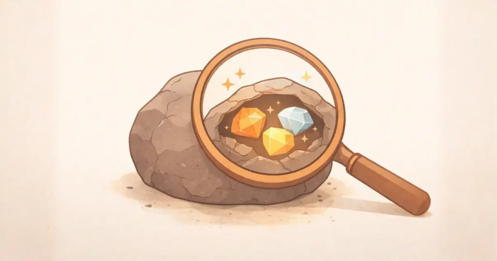 普通の石の中に隠れた宝石を見つける虫眼鏡のイラスト