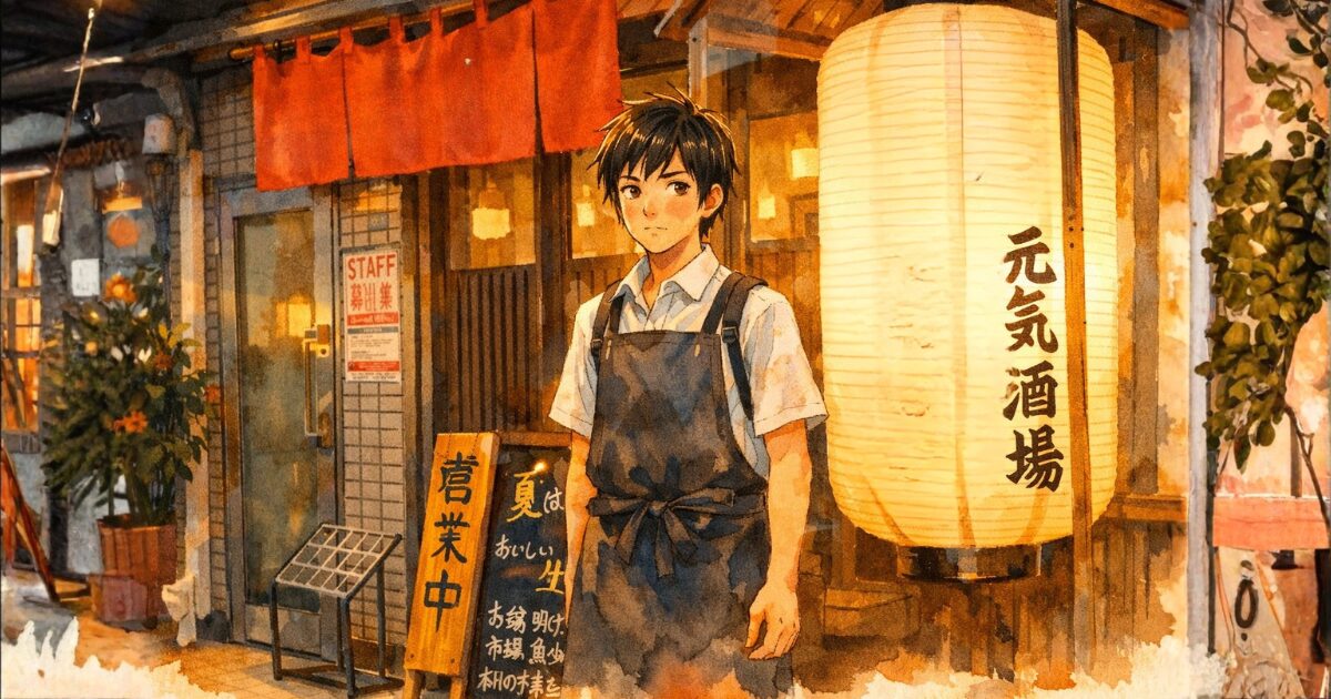 居酒屋の前に立つ高校生アルバイトの水彩画イラスト