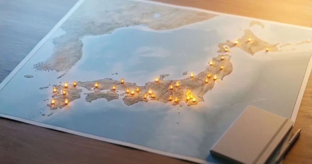 日本地図の上に小さな温かい灯りが各地に点在し、居場所が広がっていく希望を表現した写真風コンセプトイメージ
