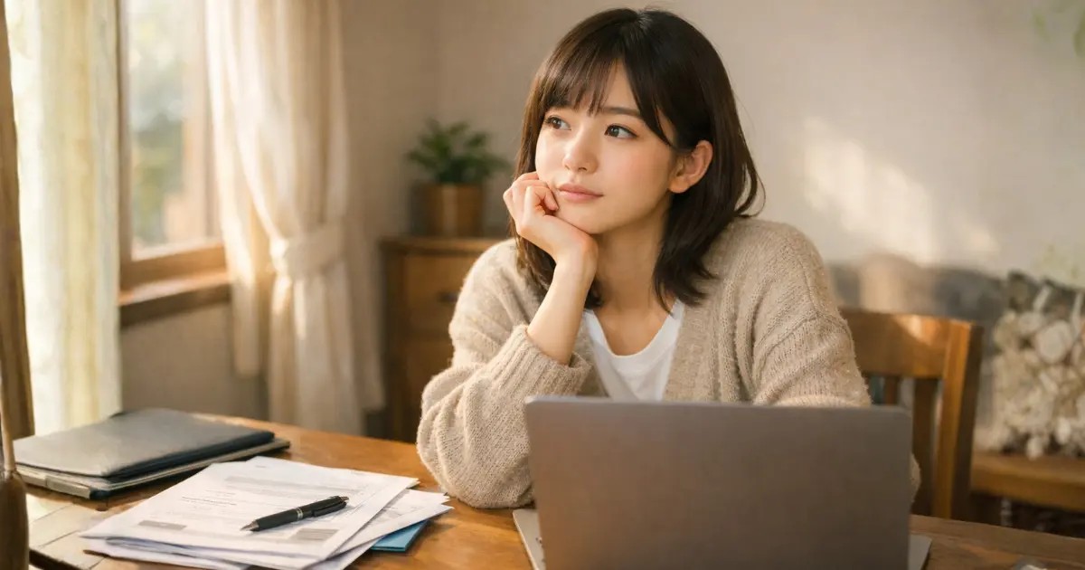 就活について考え込む若者がノートパソコンの前で思案している様子