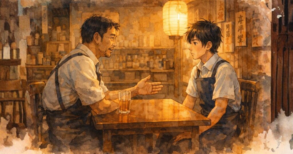 仕事終わりに若いアルバイトと一対一で話す経営者の水彩画