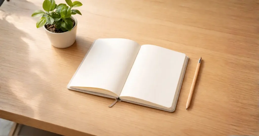 木製デスクの上に開いた白いノートと鉛筆、小さな観葉植物が置かれた、書き始める準備が整ったシンプルな作業風景
