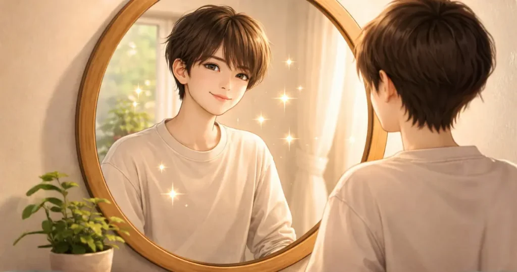 鏡に映る自分の中に隠れた強みがあることを示すイメージ