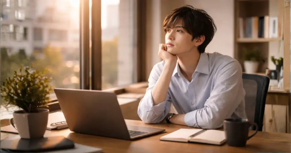 オフィスで仕事について考え込む25歳のイメージ