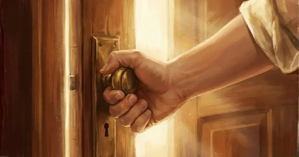 扉のドアノブに手をかけている様子。新しい一歩を踏み出すイメージ