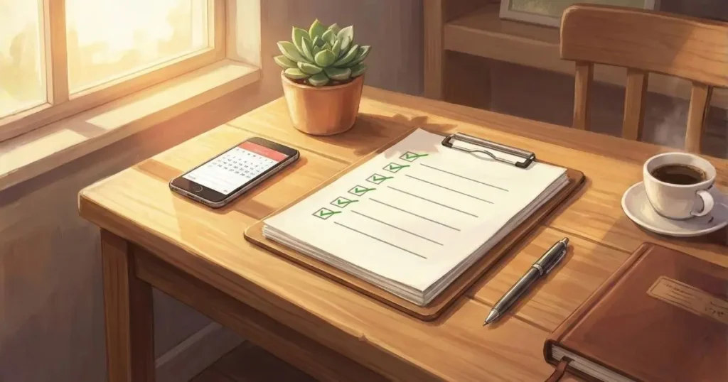 整理されたデスクにチェックリストとスマートフォン。習慣化ツールのイメージ