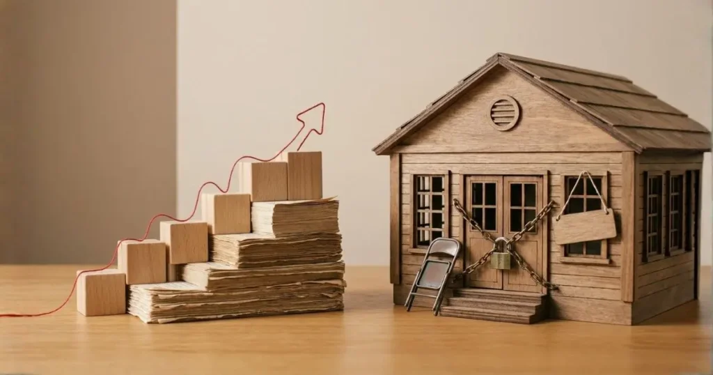 積み上がるブロックと赤い上昇ライン、鍵のかかった小さな校舎風モデルを対比させ、不登校の増加と居場所の閉室を象徴する写真風コンセプトイメージ