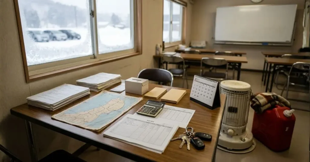 雪の見える地方の小さな教室で、助成金書類や経費資料、地図、灯油ストーブなどが並び、フリースクール運営の課題と継続への模索を象徴する写真風イメージ