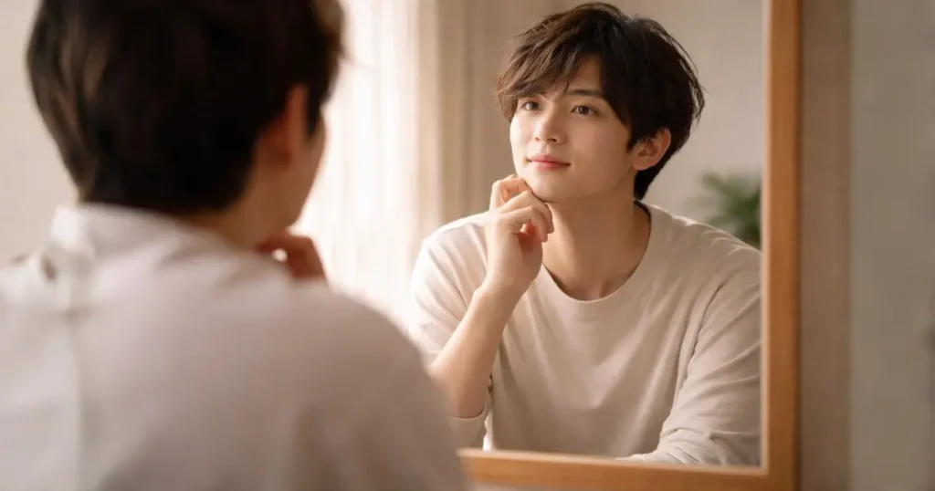 鏡に映る自分を見つめる若者のイメージ