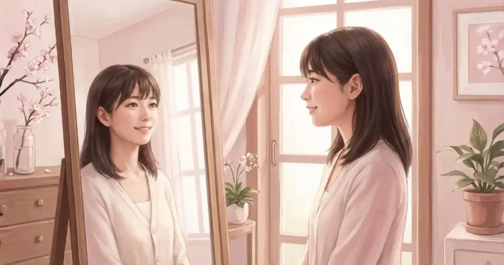 鏡の前で穏やかに自分自身を見つめる若者。自己肯定感の第一歩を表現したイメージ
