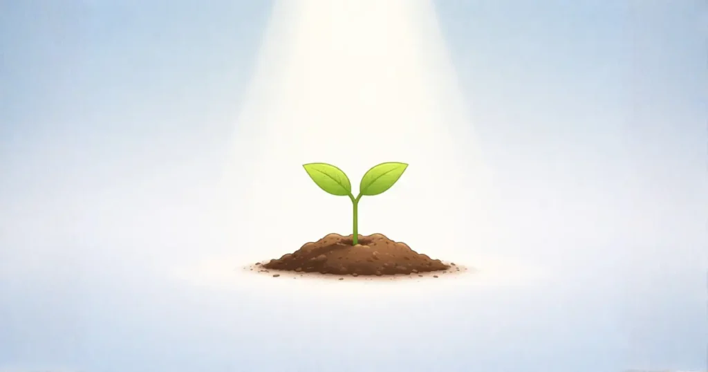 白い背景に、土から芽が出て育ち始めている小さな植物を描いたシンプルで温かみのあるイラスト