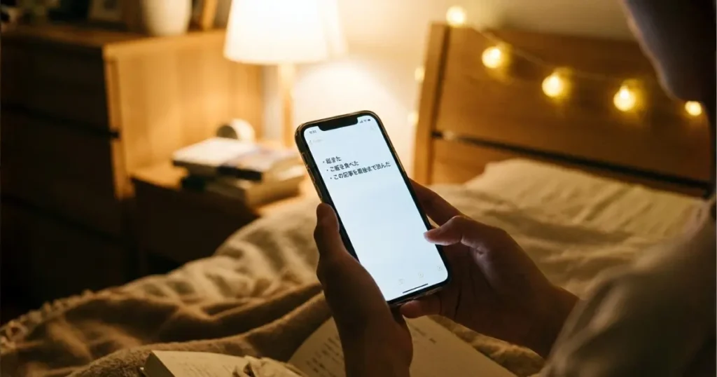 スマホに今日できたことを3つメモするイメージ