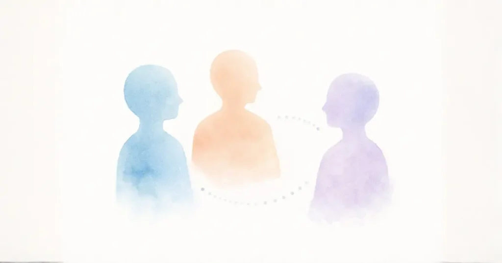 淡いパステルカラーで描かれた3人の人物のシルエットが、点線でつながれながら穏やかに会話している様子の水彩風イラスト