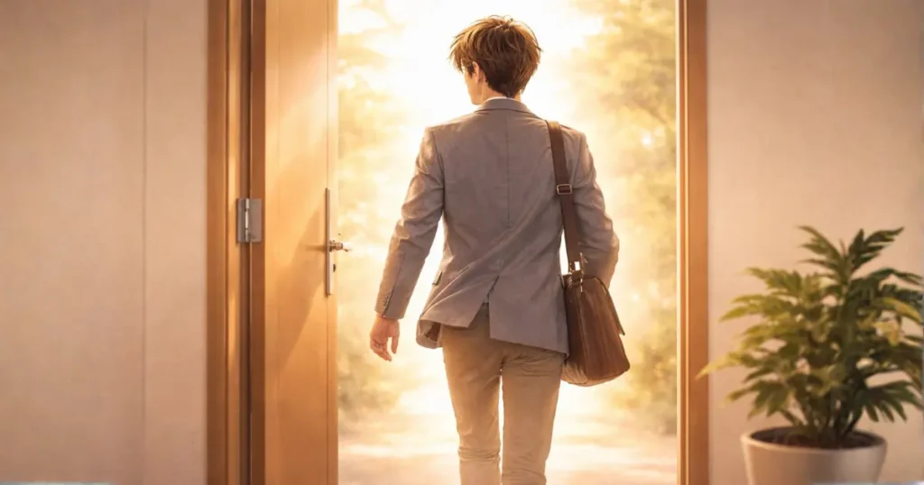 明るい光に向かってドアをくぐる若手社会人