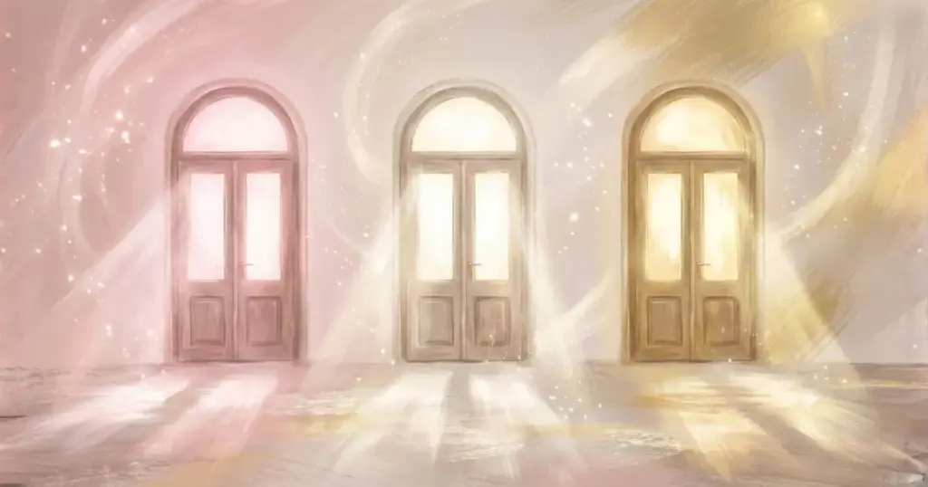 3つの扉にそれぞれ異なる光が差し込んでいる。三段活用の選択を表現したイメージ