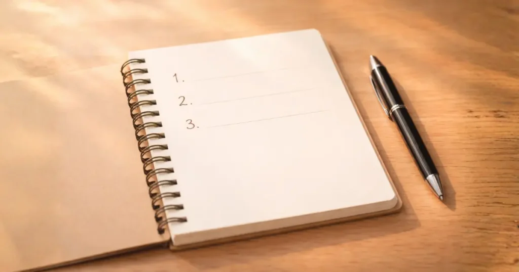 3つの質問が書かれたノートとペン