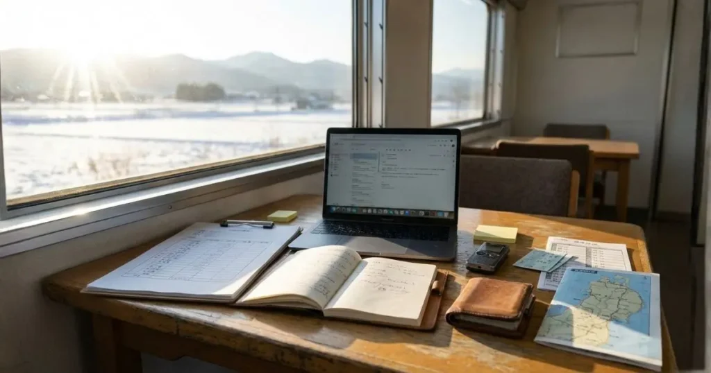 東北地方でフリースクールの経営実態を調査する様子を象徴した、ノートPCと資料、メモ、ICレコーダーが並ぶ冬の移動調査風景の写真風イメージ
