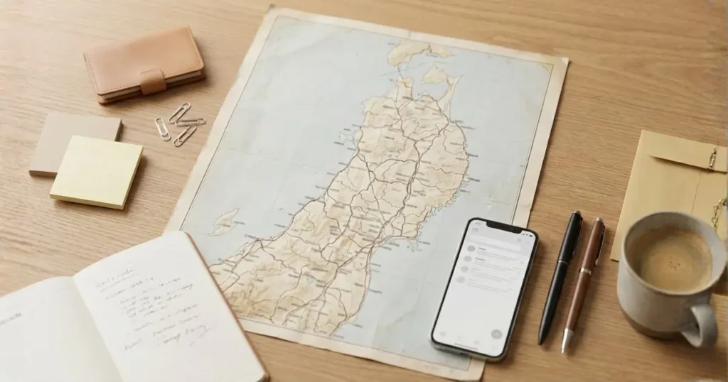 東北地方の調査準備をイメージした、地図とスマホ、手書きメモのノート、コーヒーが整然と並ぶフラットレイ写真風ビジュアル