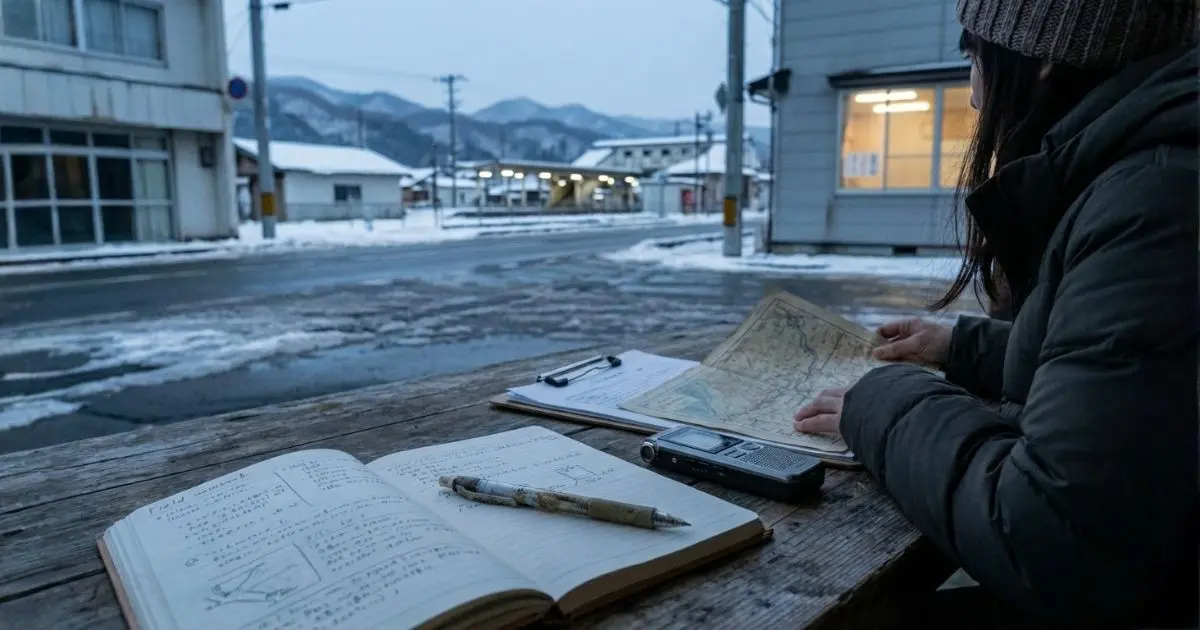 東北地方の居場所訪問と不登校経験から研究者を目指す歩みを表現したフィールドノートと旅のイメージ画像
