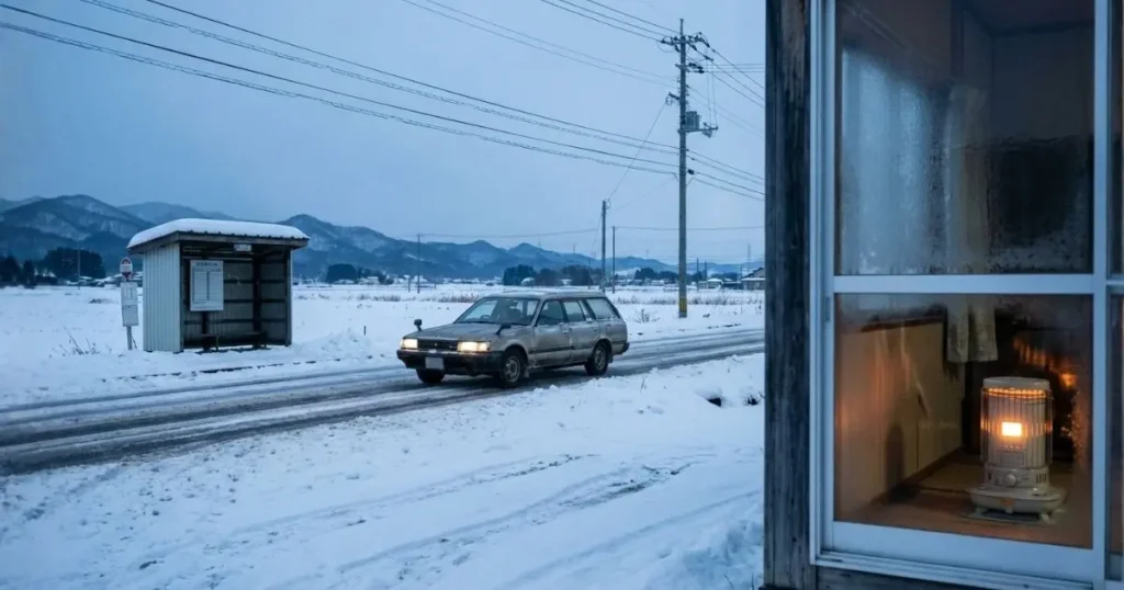 雪道を走る車と遠くのバス停、窓越しににじむ暖房の光が写り、東北の冬における地方の移動課題と暖房負担を象徴する写真風イメージ
