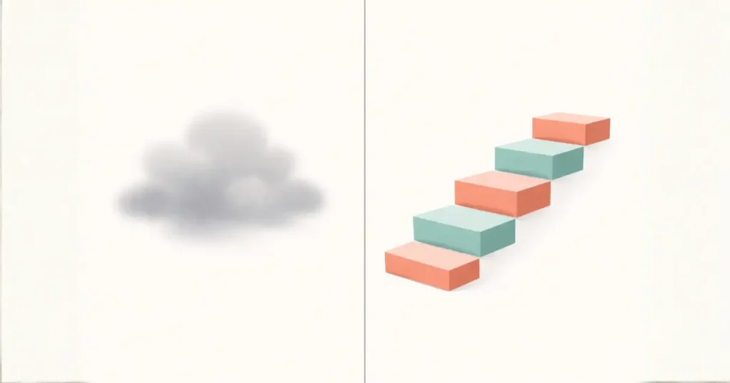 左側にぼんやりした灰色の雲、右側に明るい色の階段が描かれた、目標の曖昧さと具体的な行動の違いを表現したイラスト