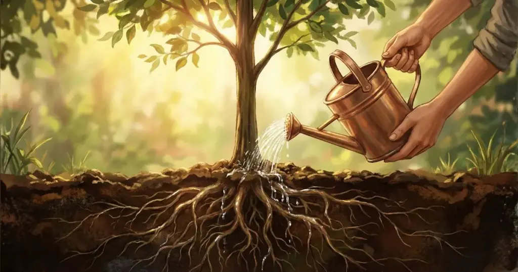 若い木の根元に優しく水をあげている様子。表面ではなく根本から育てることを表現