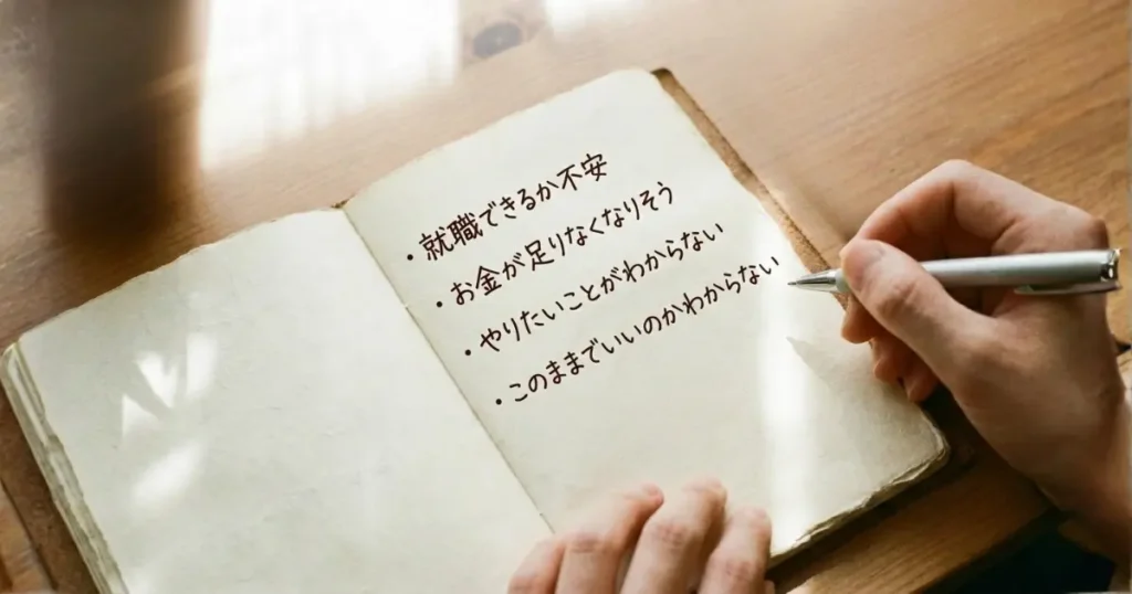 不安を紙に書き出しているノートとペンのイメージ