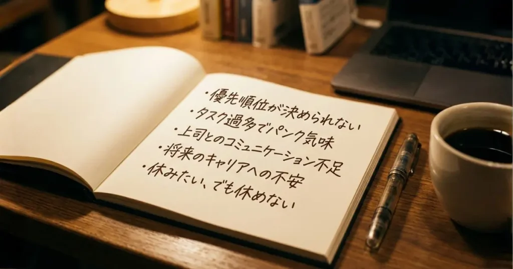 仕事の不満をリストに書き出しているノート