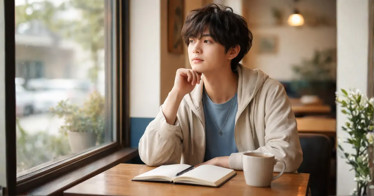 カフェの窓際でノートを前に外を眺めながら考え事をしている20代の日本人の若者。柔らかな自然光と落ち着いた雰囲気の店内