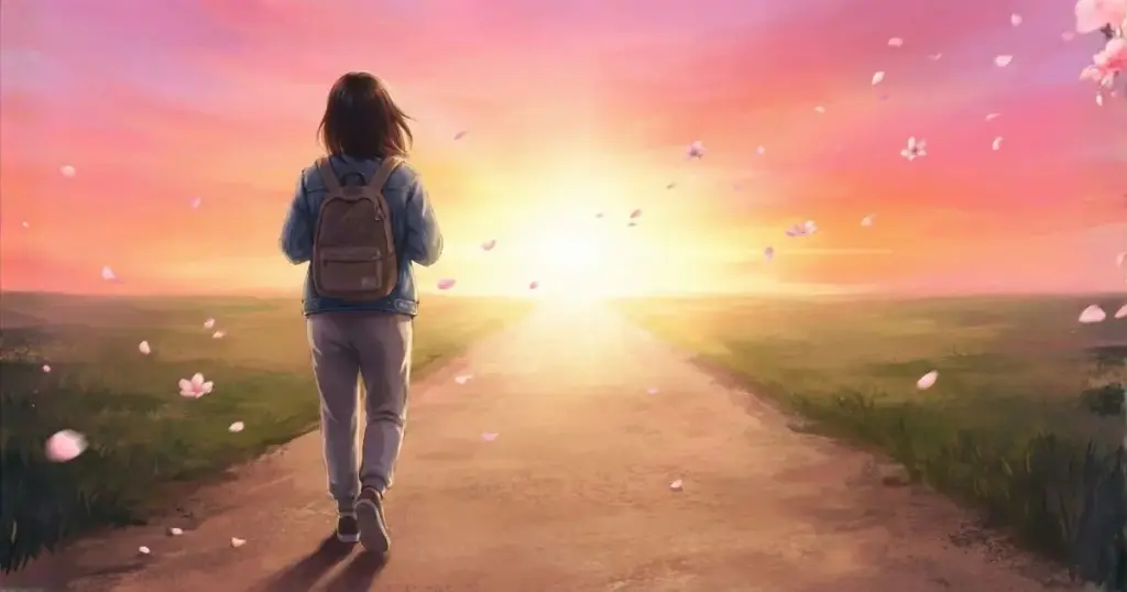 朝焼けの道を歩き出す若者の後ろ姿。希望に向かって一歩を踏み出すイメージ